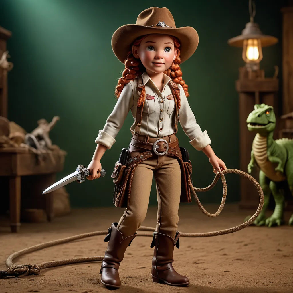 a toy doll with a cowboy outfit and a lasso on a rope with a dinosaur in the background, photorealism, concept art, Cliff Childs, rossdraws global illumination