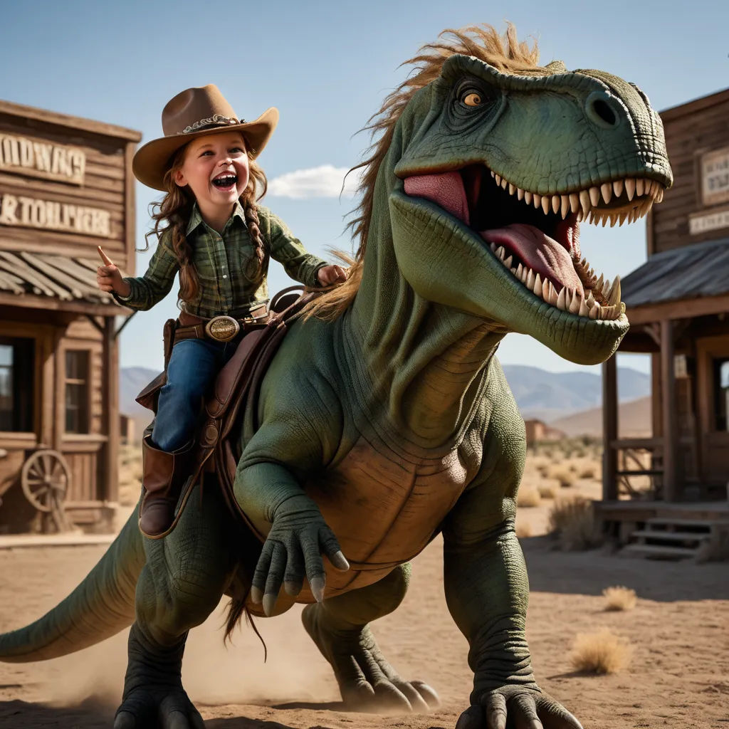 a young girl riding on the back of a dinosaur costume in a western town setting with a building and a sign, art photography, a stock photo, Adam Rex, award - winning photography
