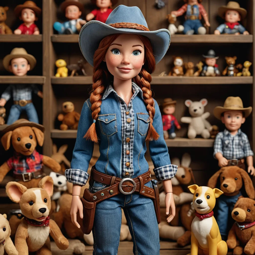 a doll with a cowboy outfit and a bunch of stuffed animals in a room full of shelves of stuffed animals, assemblage, a character portrait, Ancell Stronach, promotional image