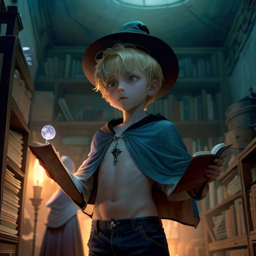 a boy in a hat and cape holding a book in a library with a light shining on his chest