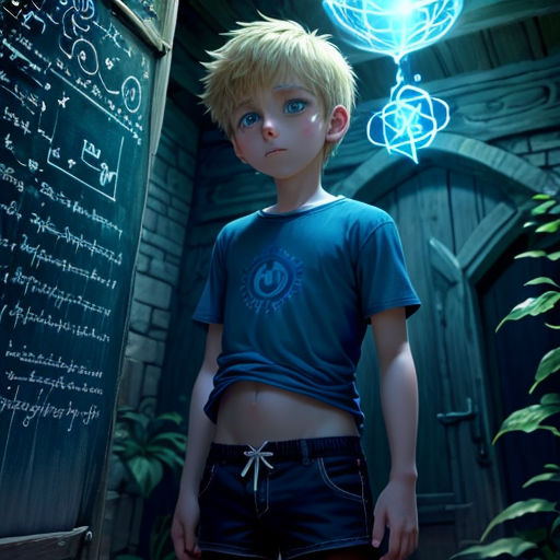 a boy standing in front of a chalkboard with a light on it's head and a light bulb above his head