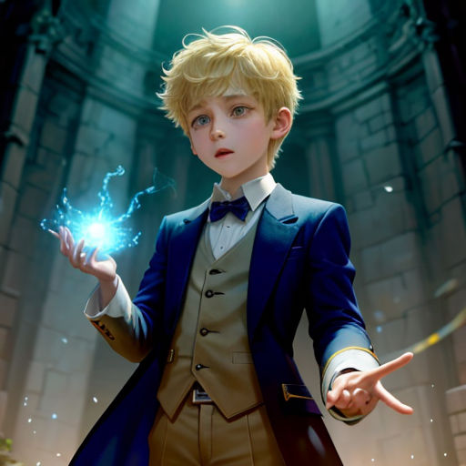 a boy in a suit holding a glowing ball in his hand and a light shining in his hand behind him
