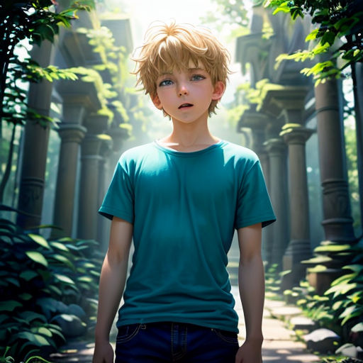 a boy standing in a forest with a green shirt on and a green shirt on his chest and a green shirt on his head