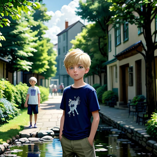a boy standing in front of a small pond in a neighborhood with a boy standing next to him on the other side of the pond