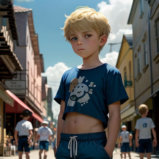 a boy in a blue shirt standing on a street corner with a crowd of people walking by him and a building