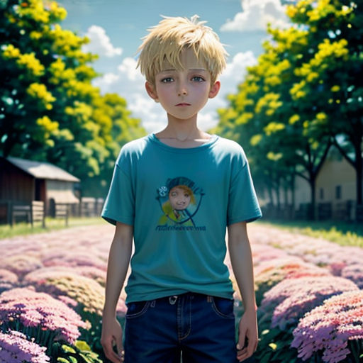 a young boy standing in a field of flowers with a blue shirt on and a green shirt on his chest