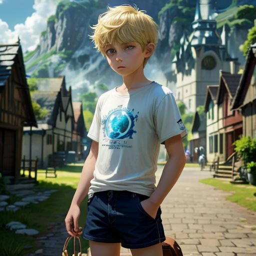 a boy in a white shirt and blue shorts standing in front of a village with a mountain in the background