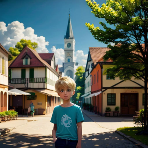 a young boy standing in the middle of a street in front of a church with a clock tower in the background