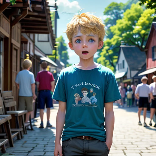 a young boy standing on a sidewalk in front of a crowd of people on a sunny day with a surprised look on his face