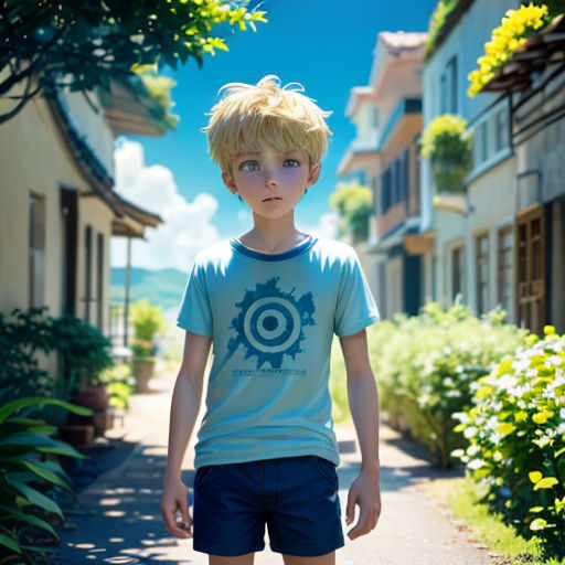 a young boy standing on a sidewalk in front of a house with a blue sky and clouds background and a green bush