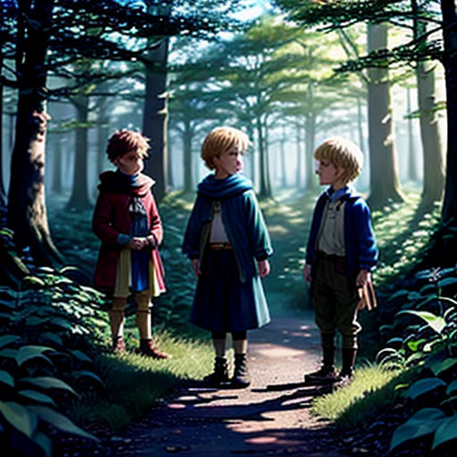 three children standing in the middle of a forest looking at something in the distance with a light shining on them