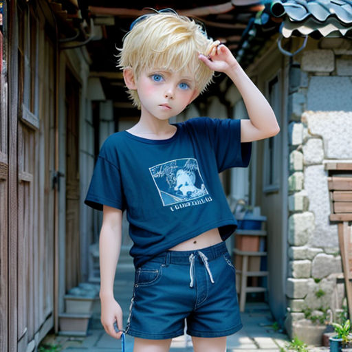 a young boy is posing for a picture in a blue shirt and shorts with a blue purse on his shoulder