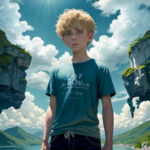 a boy standing in front of a mountain lake with a sky background and clouds in the sky above him