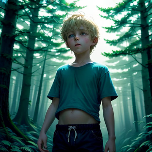 a boy standing in the middle of a forest with a forest background and a sun shining through the trees