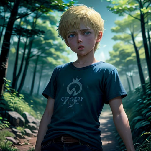 a boy standing in the middle of a forest with a forest path in the background and a forest path in the foreground
