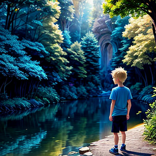 a boy standing on a rock near a river in the woods with a waterfall in the background and a forest with trees and rocks