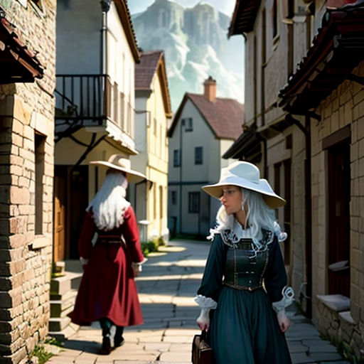 two women in period dress walking down a street in a village with mountains in the background, one of them carrying a suitcase