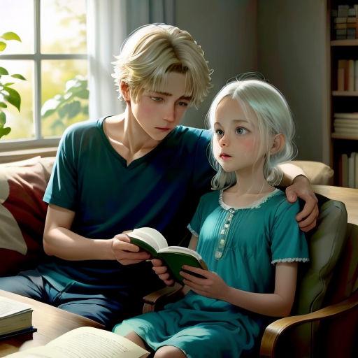 a man and a little girl sitting on a couch reading a book together, with a window in the background