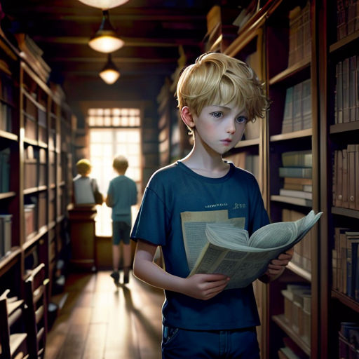 a young boy is reading a book in a library with two other boys in the background looking on from the bookshelf