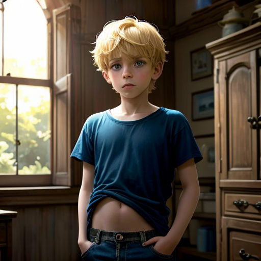 a boy with a blue shirt and jeans standing in a kitchen with his hands on his hips and his shirt folded over his stomach