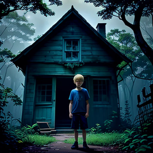 a boy standing in front of a house in the woods with a creepy look on his face and a creepy looking face