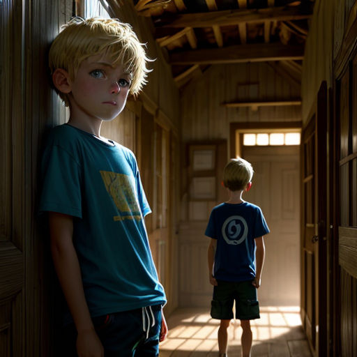 two young boys standing in a hallway next to each other in a house with wood floors and walls and a ceiling