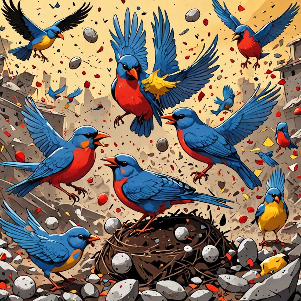 a group of birds flying around a nest filled with eggs and eggshells on a rocky ground with a yellow sky, neoplasticism, a comic book panel, Chris LaBrooy, josan gonzales and dan mumford