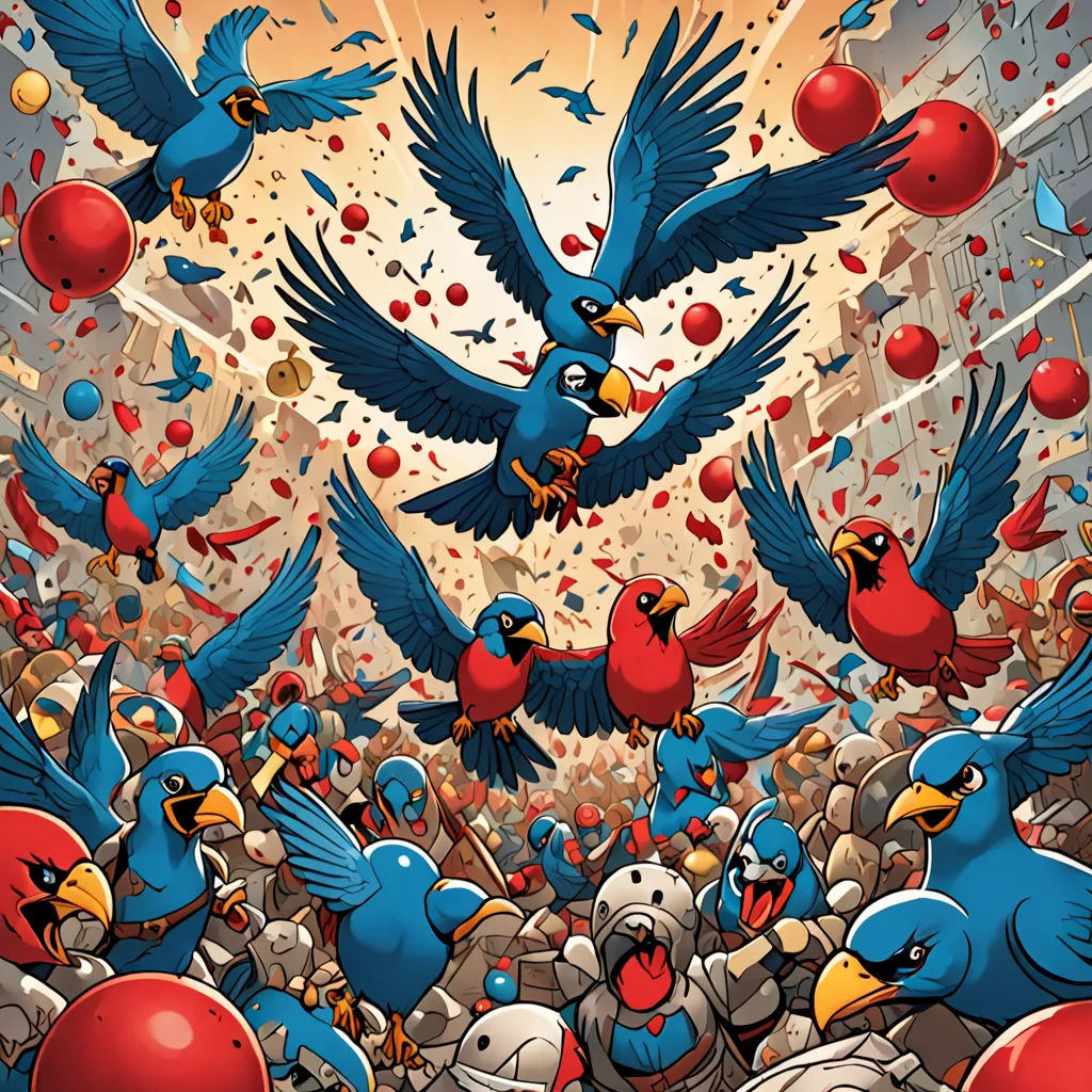 a group of birds flying over a crowd of people in a city with balloons and confetti on the ground, maximalism, a comic book panel, Chris LaBrooy, comic cover art