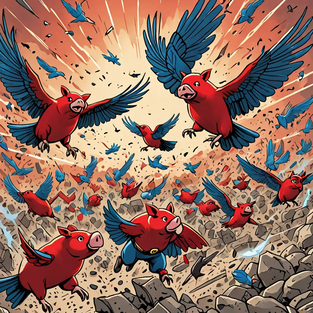 a bunch of birds flying around a bunch of rocks and rocks with a sky background and a red sky, primitivism, a comic book panel, Chris LaBrooy, birds