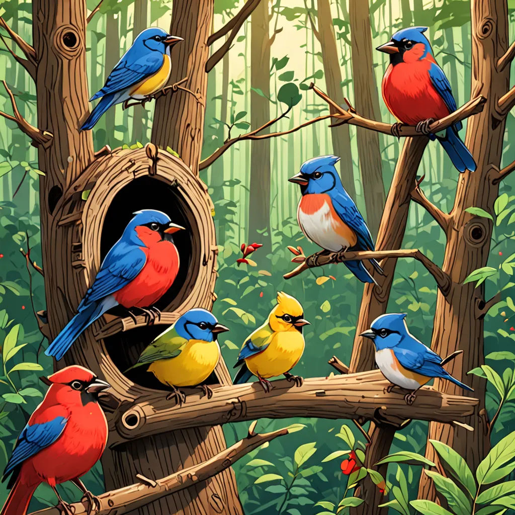 a painting of birds sitting on a tree branch in a forest with a birdhouse in the background and a bird in the foreground, generative art, a storybook illustration, Chris LaBrooy, highly detailed digital painting