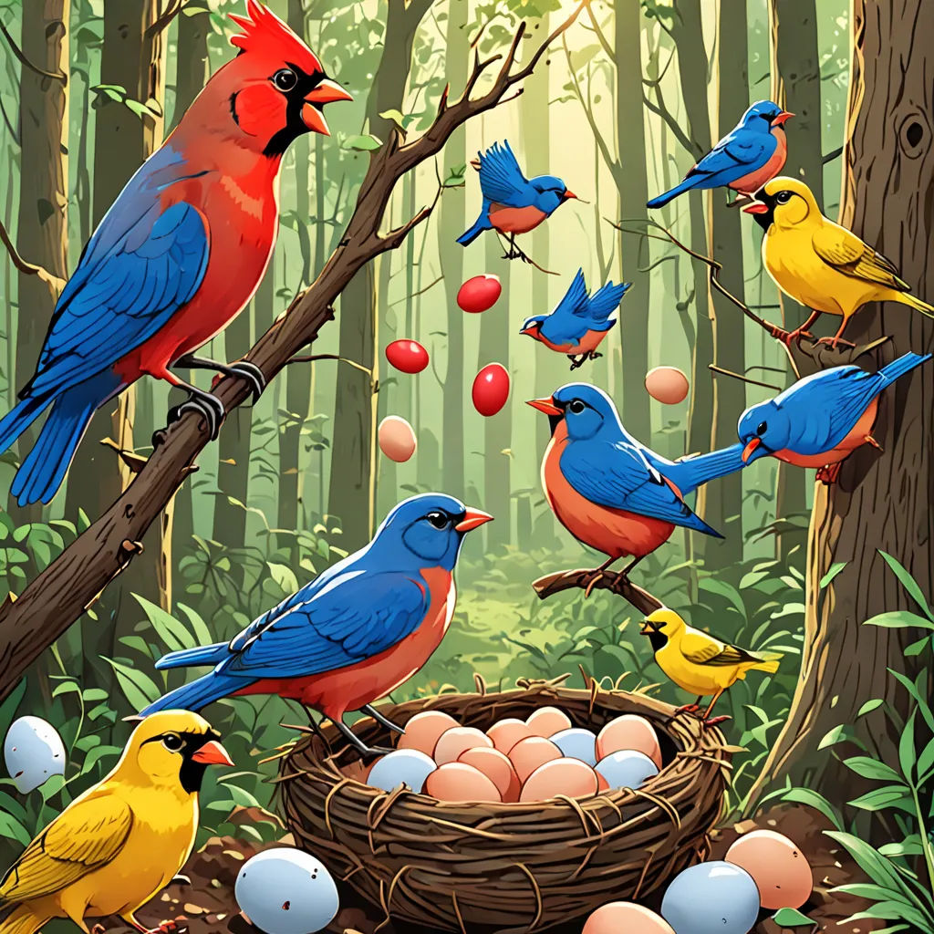 a painting of birds and eggs in a nest in the woods with trees and eggs in the nest on the ground, precisionism, a storybook illustration, Chris LaBrooy, highly detailed digital painting