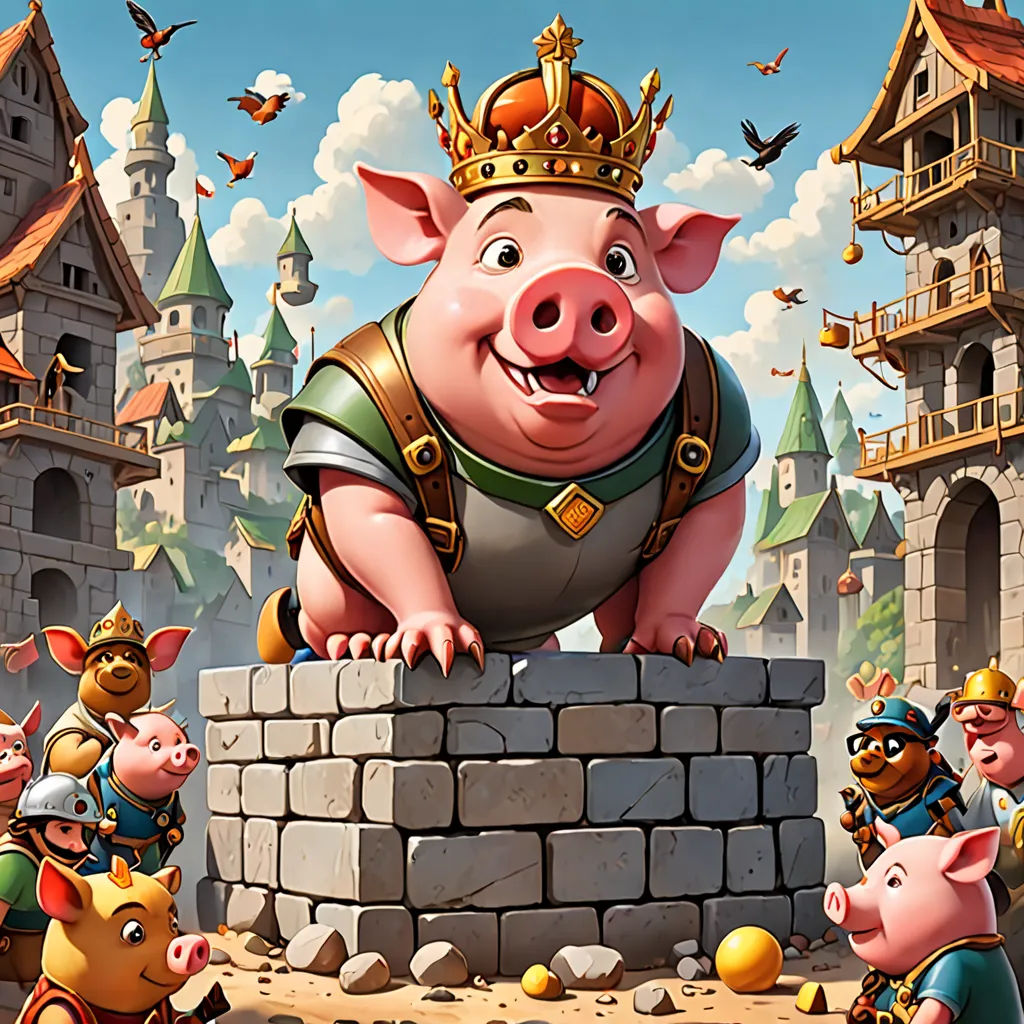 a cartoon pig with a crown on top of a brick wall with other pigs around it and a castle in the background, sots art, an ultrafine detailed painting, Cedric Seaut (Keos Masons), 2 d game art