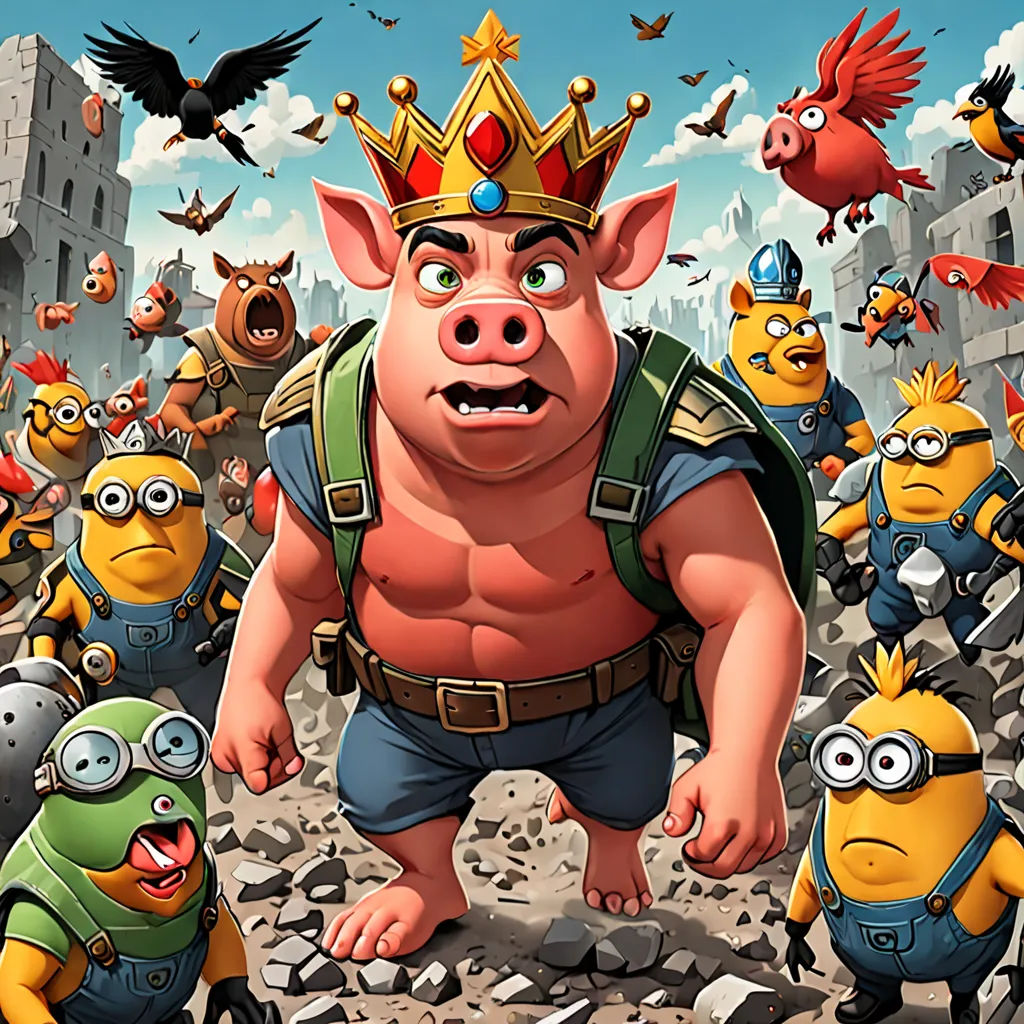a cartoon of a pig with a crown surrounded by other minion characters in a city street with birds flying overhead, sots art, concept art, David Teniers III, 2 d game art