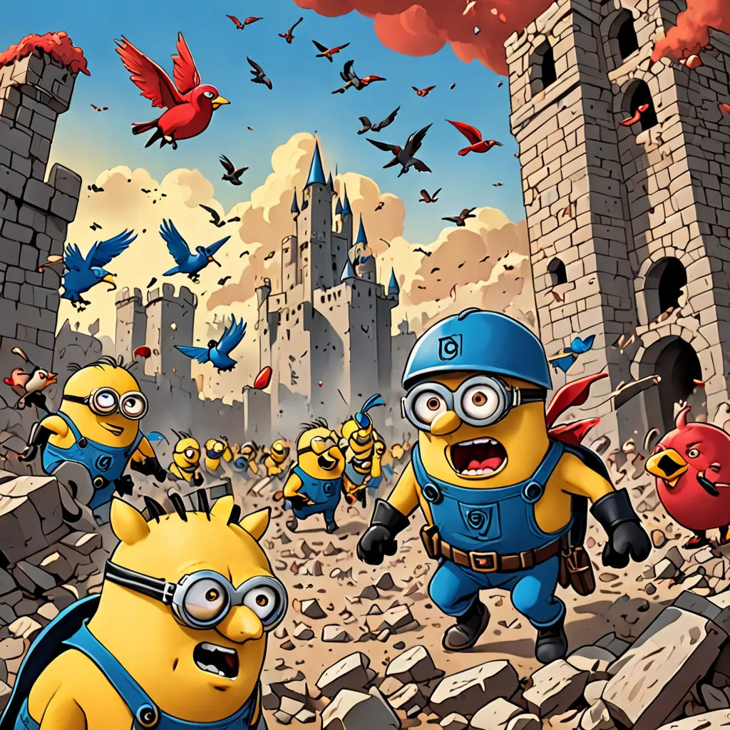a cartoon of a bunch of minions running in front of a castle with birds flying around it and a castle in the background, fantasy art, a comic book panel, David Teniers III, key art