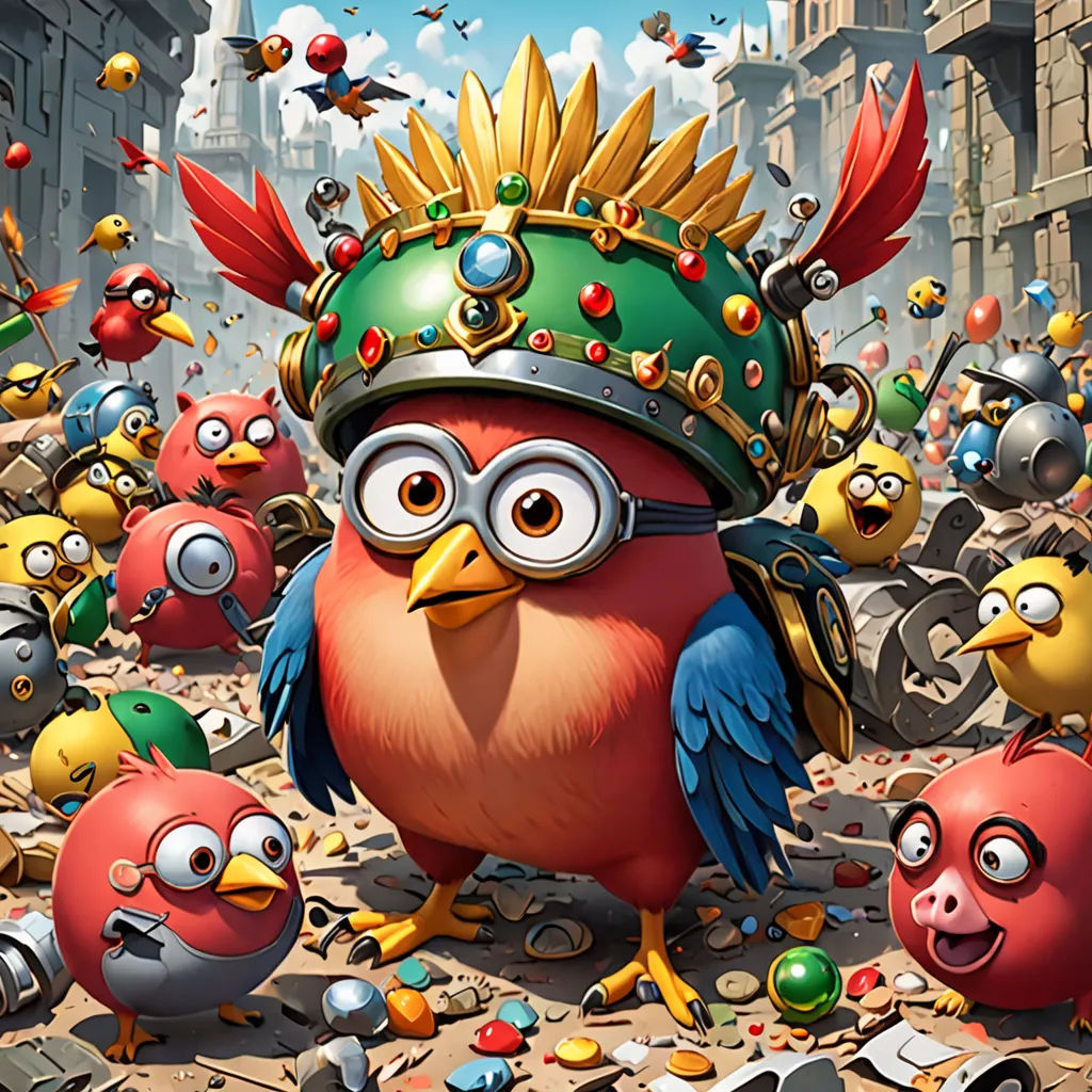 a bunch of birds with a crown on their head and many other birds around them in a city street, fantasy art, concept art, Chris LaBrooy, game art