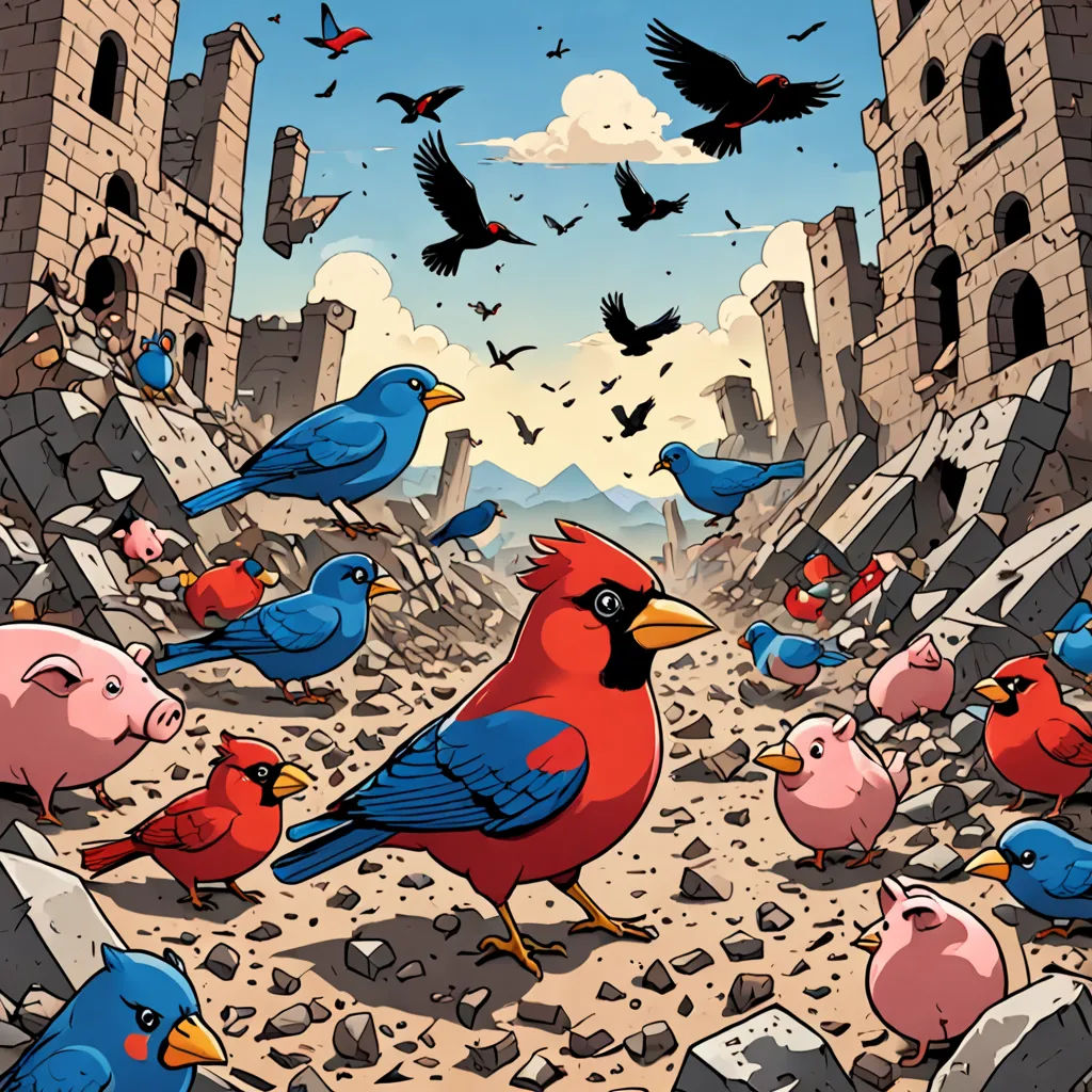a bunch of birds that are standing in the dirt near a castle wall and a bunch of birds flying around, underground comix, a storybook illustration, Chris LaBrooy, birds