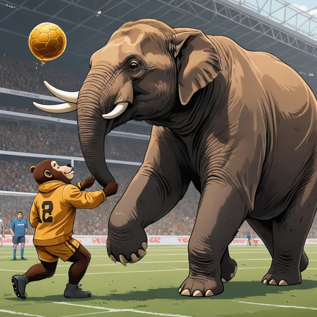 a cartoon of a man playing soccer with an elephant and a monkey on a field with a ball in its mouth, fantastic realism, a storybook illustration, Alex Petruk APe, 2 d game art
