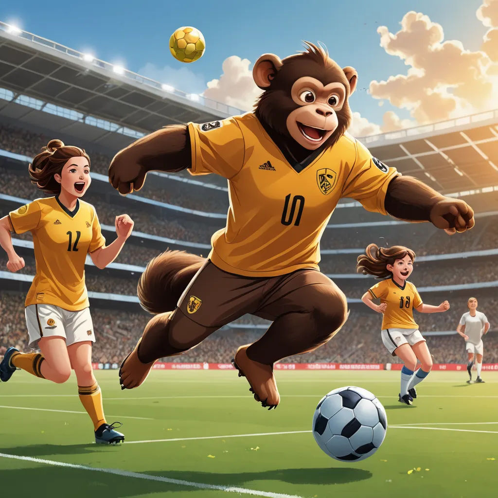 a cartoon of a monkey kicking a soccer ball in a stadium with other girls in the background playing soccer, furry art, a storybook illustration, Chris LaBrooy, official art