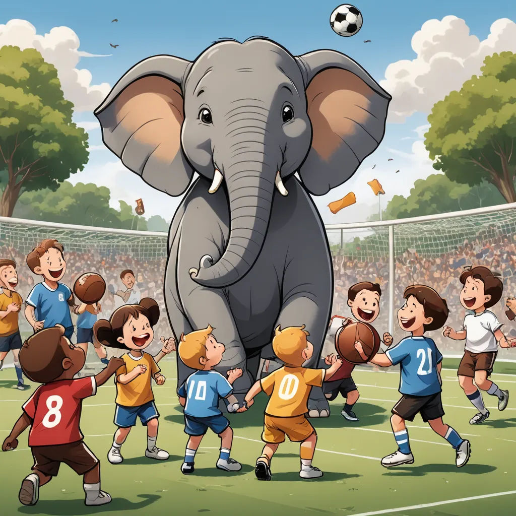 a group of children playing soccer with an elephant in the middle of the field with a soccer ball in the air, lyco art, a storybook illustration, Andrew Robertson, storybook illustration