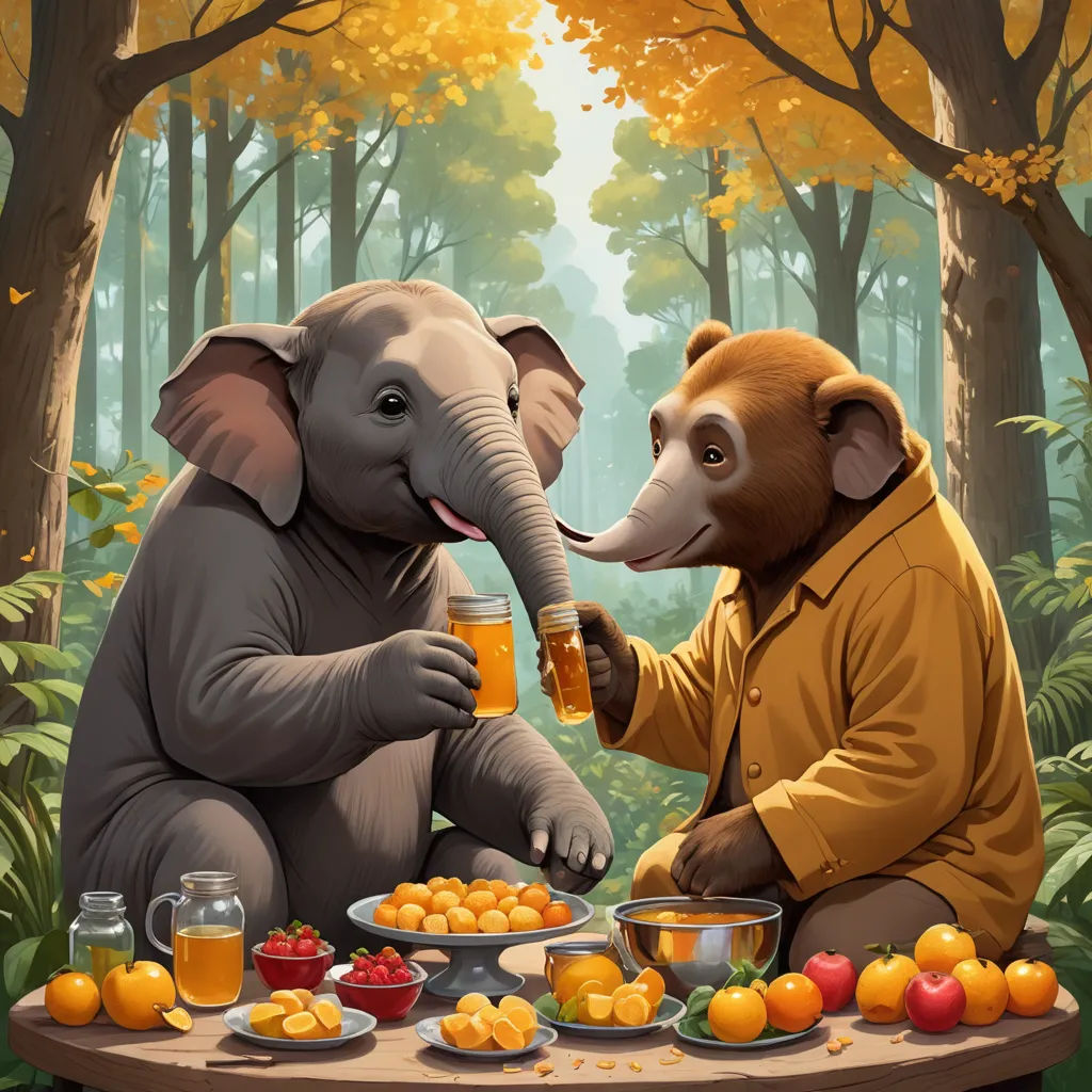 a painting of two elephants and a monkey sharing a beer together at a table with fruit and oranges, fantastic realism, a storybook illustration, Chris LaBrooy, official art