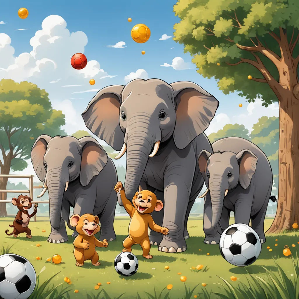 a group of elephants playing with a ball in a field with other animals and a monkey in front of a tree, lyco art, a storybook illustration, Chris LaBrooy, highly detailed digital painting