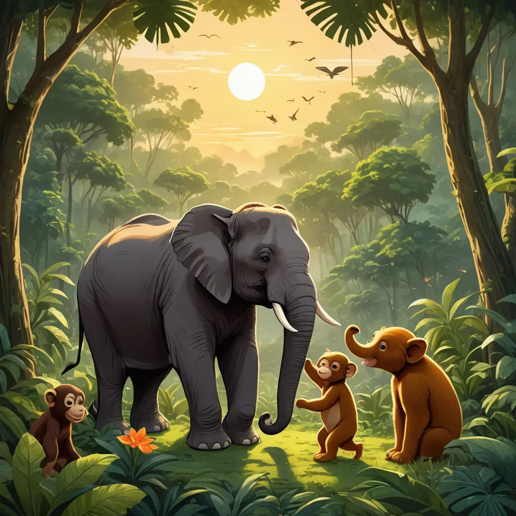 a group of animals standing in a forest with a sun in the background and trees and birds flying overhead, sumatraism, a storybook illustration, Chris LaBrooy, highly detailed digital painting