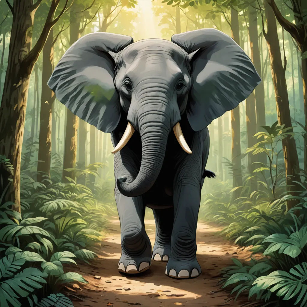 an elephant walking through a forest with trees and leaves on the ground and sunlight shining through the trees and leaves on the ground, sumatraism, a digital painting, Amédée Ozenfant, highly detailed digital painting