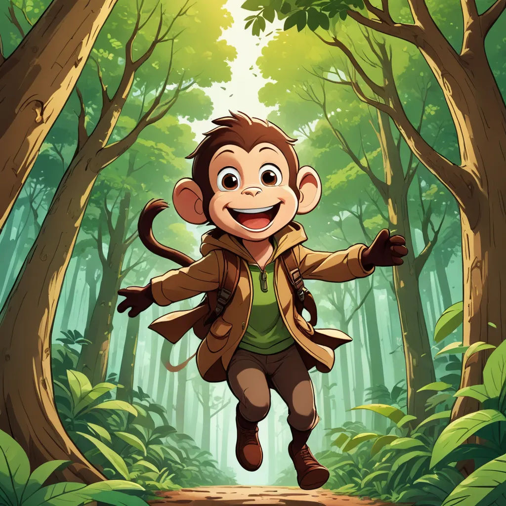 a monkey is running through the forest with a jacket on and a backpack on his back, with his arms outstretched, furry art, a character portrait, Diego Gisbert Llorens, official art