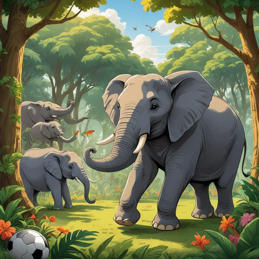 a group of elephants in a jungle with a soccer ball in the foreground and a soccer ball in the background, environmental art, a storybook illustration, Chris LaBrooy, 2 d game art