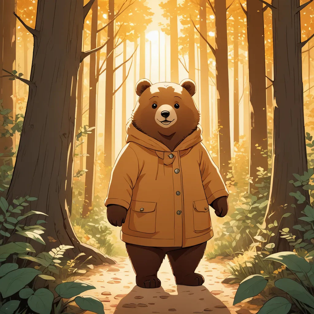 a bear in a parka standing in a forest with trees and leaves on the ground, with the sun shining through the trees, furry art, a character portrait, Atey Ghailan, official art