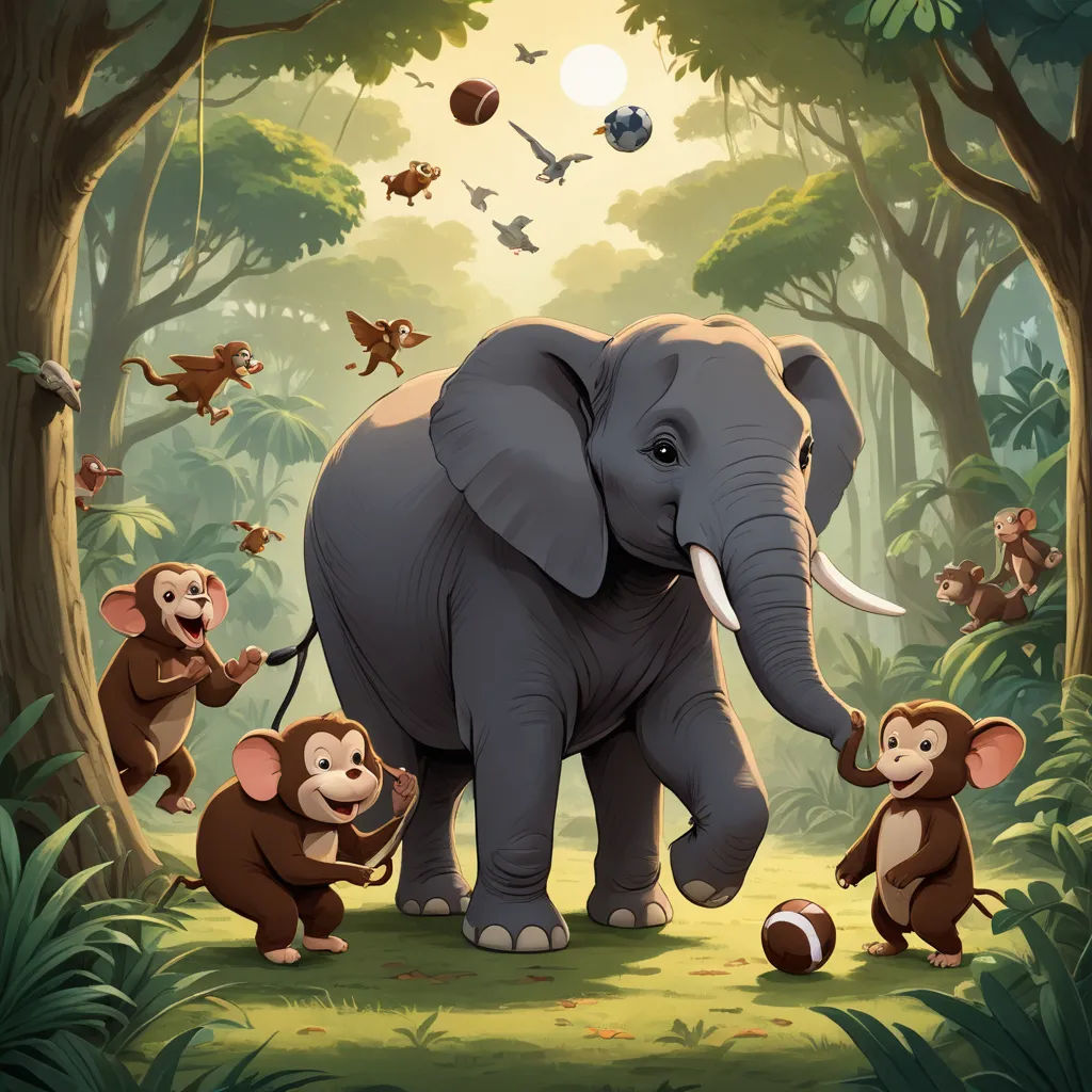 a group of monkeys and an elephant in a jungle with a sun in the background and a monkey on the ground, sumatraism, a storybook illustration, Chris LaBrooy, official art