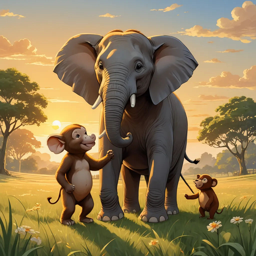 a painting of a baby elephant and an adult elephant with a monkey on the grass in front of a sunset, sots art, a storybook illustration, Chris LaBrooy, promotional image