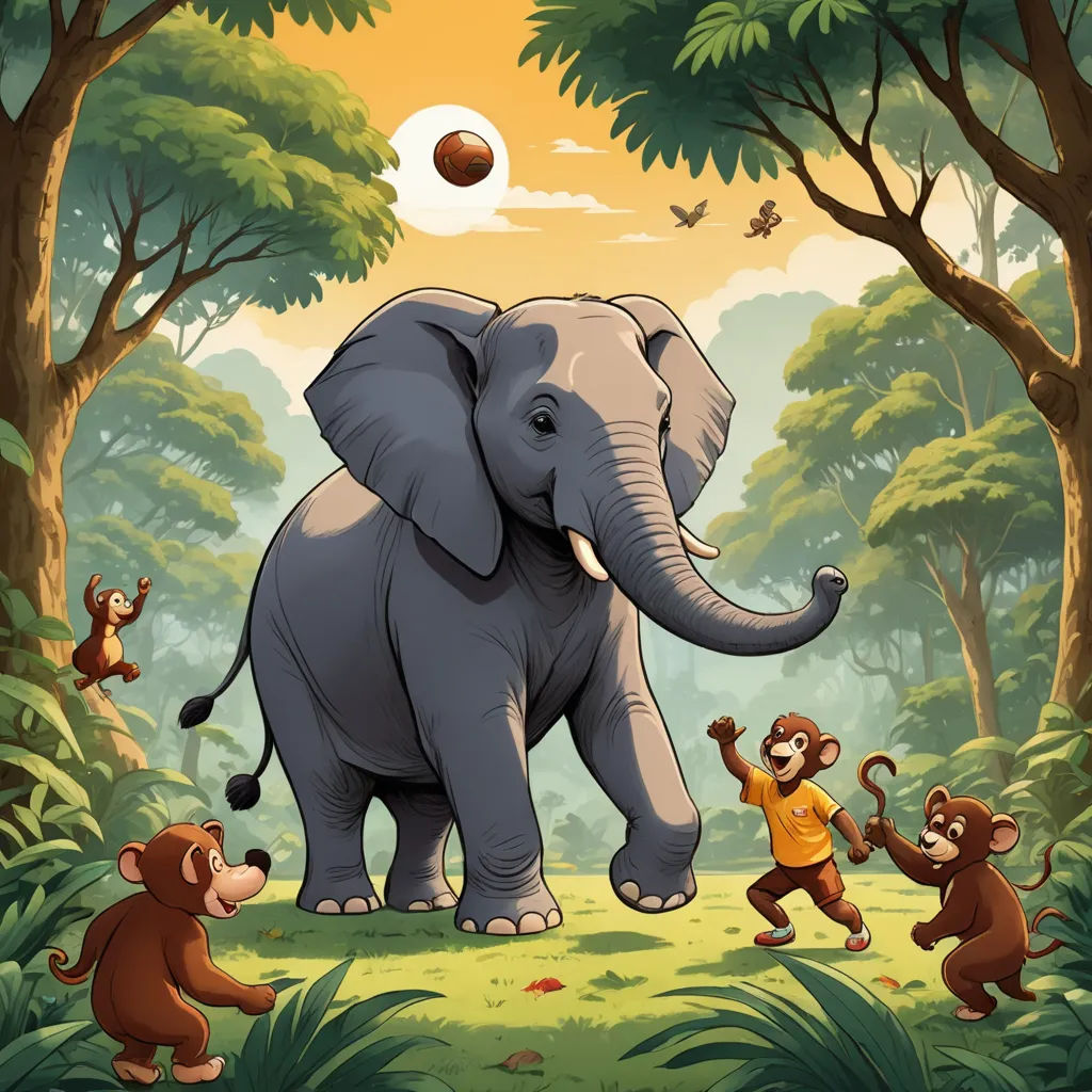 a group of monkeys playing with an elephant in the jungle with a ball in the air above it and a monkey on the ground, sumatraism, a storybook illustration, Chris LaBrooy, storybook illustration