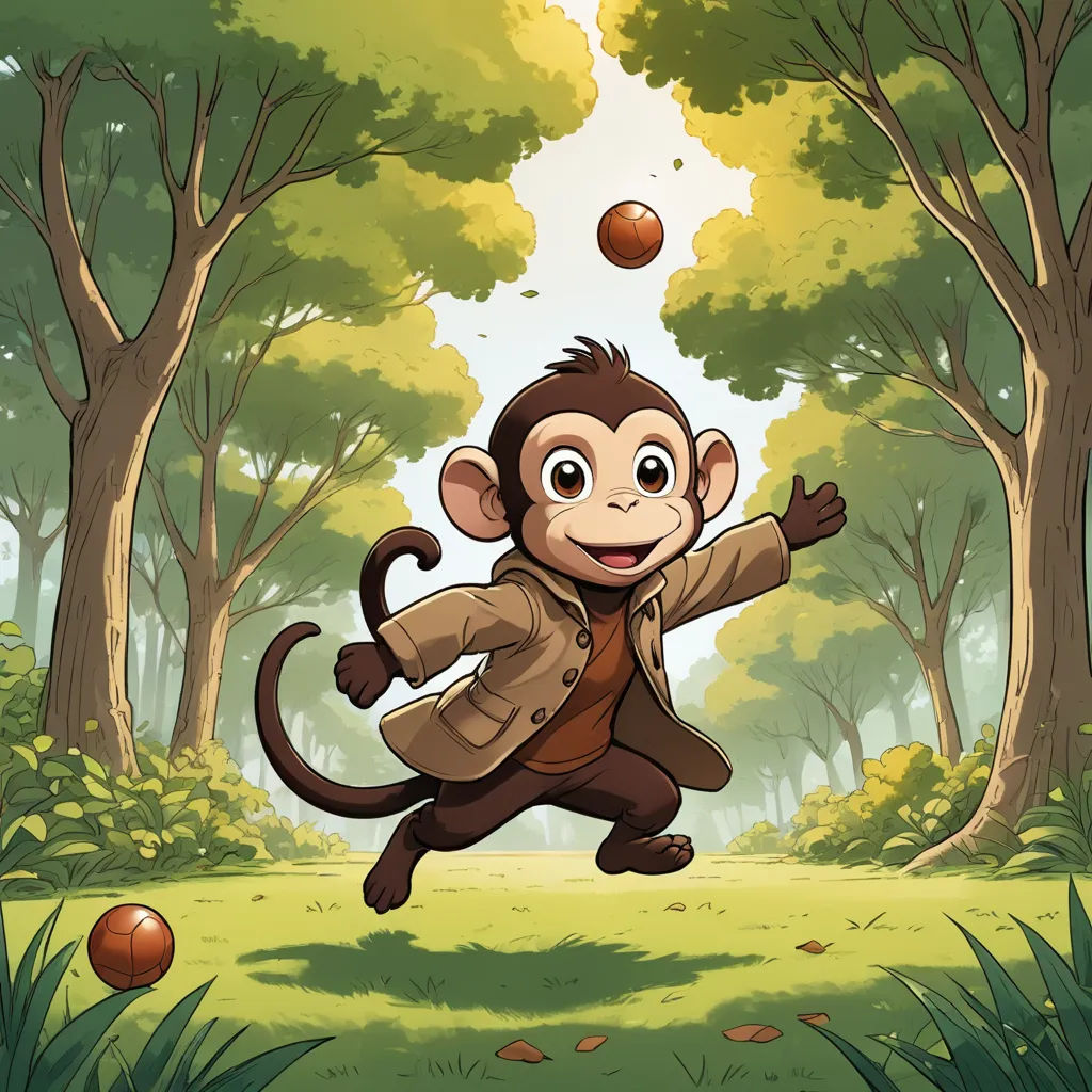 a monkey is playing with a ball in the woods with trees and grass on the ground and a man in a jacket is running, furry art, a character portrait, Diego Gisbert Llorens, official art